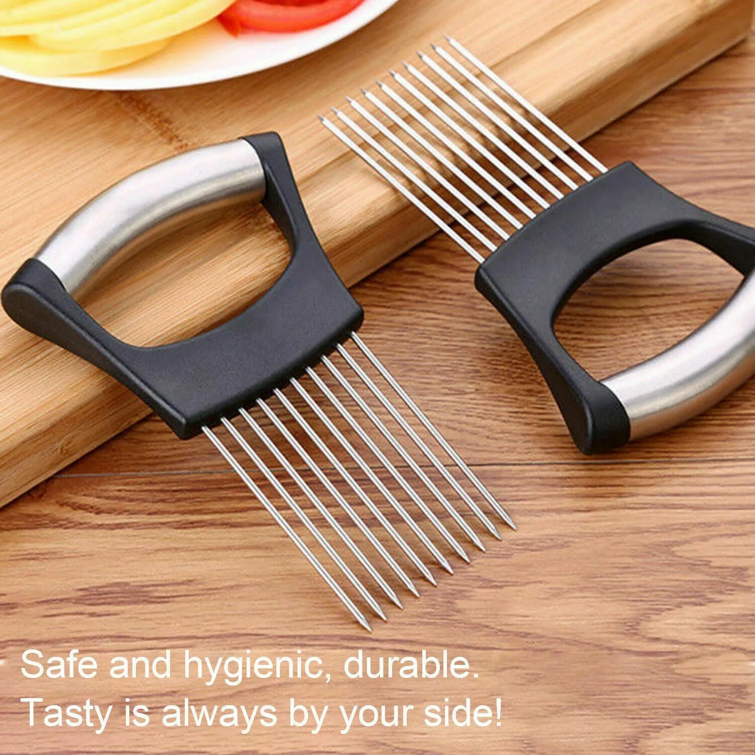 Stainless steel onion holder slicer with ABS base, measuring 14cm by 9.5cm, for secure food cutting