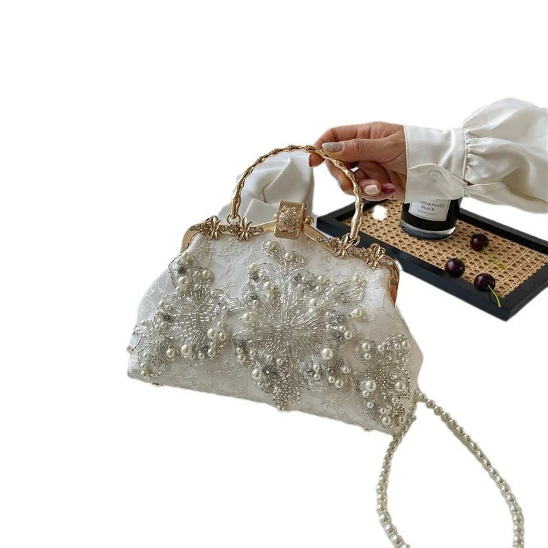Pearl embroidered fashion handbag with double shoulder straps in horizontal square shape