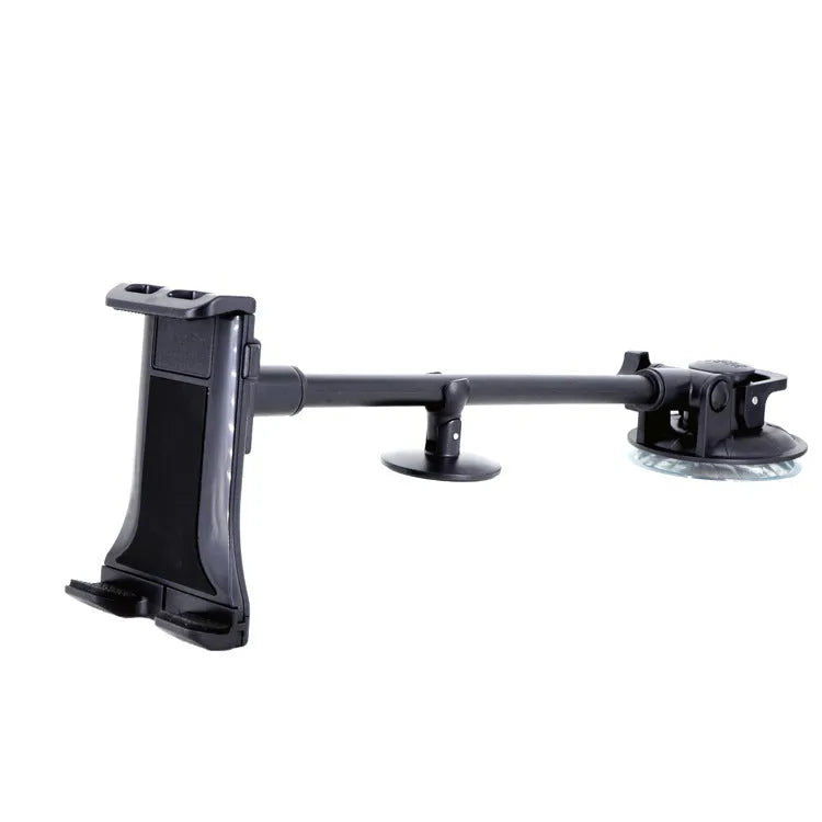 Black vehicle-mounted tablet holder with adjustable suction cup for 4-12 inch devices on car dashboard