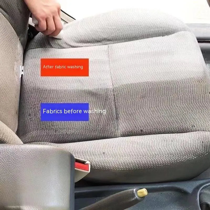 Bottle of enzyme-based fabric ceiling cleaner with towel and sponge wipes on a car roof