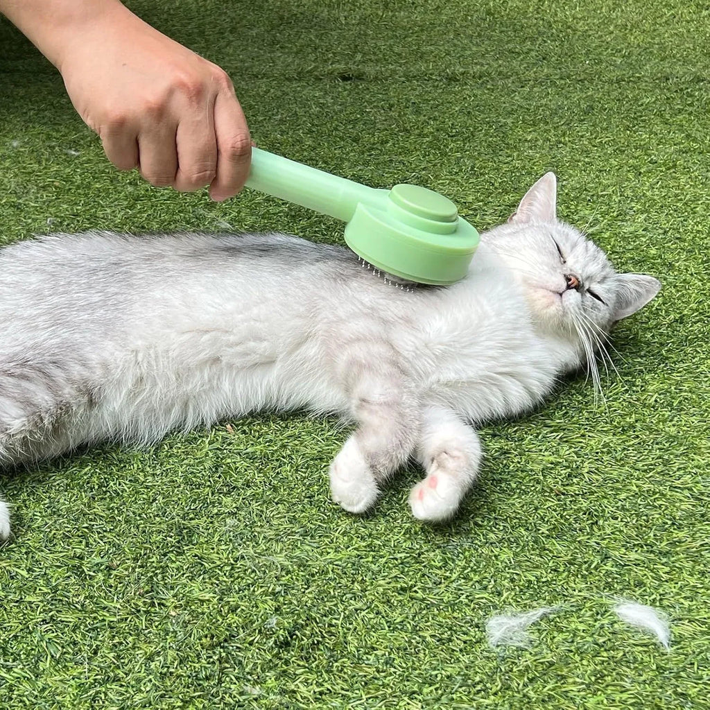 Green and yellow 2-in-1 pet grooming brush with stainless steel brush and hanging design