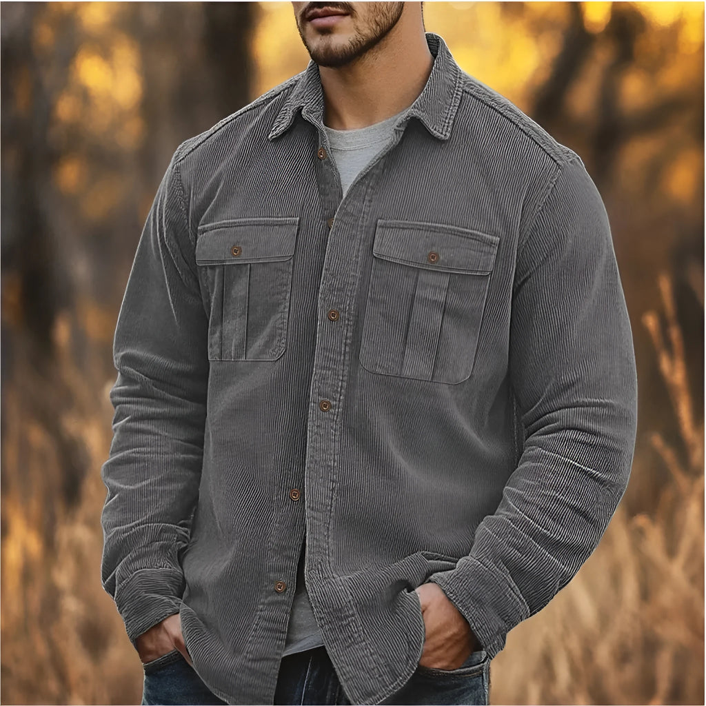 Men's loose-fit corduroy shirt in Japanese retro style with sanded velvet texture, shown in Army Green colour