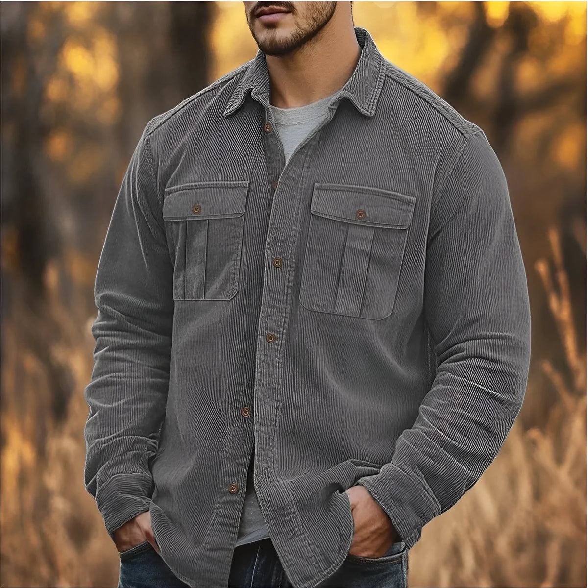 Men's loose-fit corduroy shirt in Japanese retro style with sanded velvet texture, shown in Army Green colour