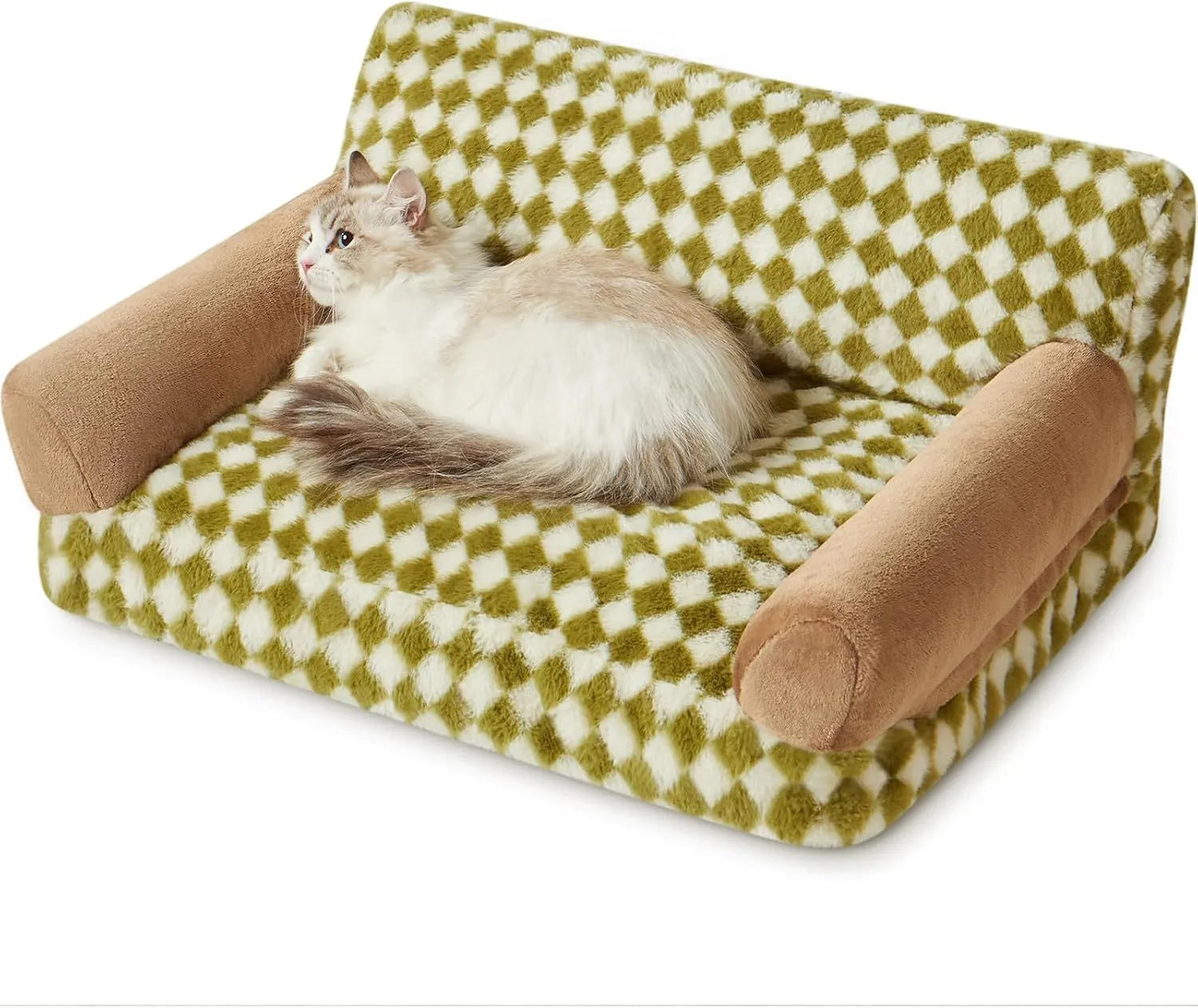 Checkered pattern pet sofa bed for small cats and dogs on a wooden floor.
