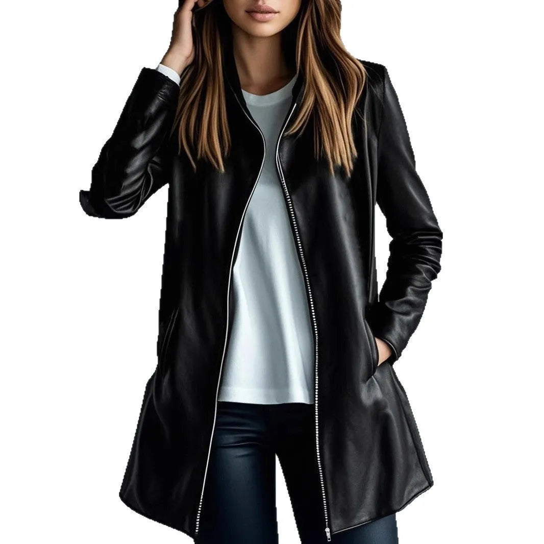 Women's black polyester leather jacket with long sleeves and medium 65cm length