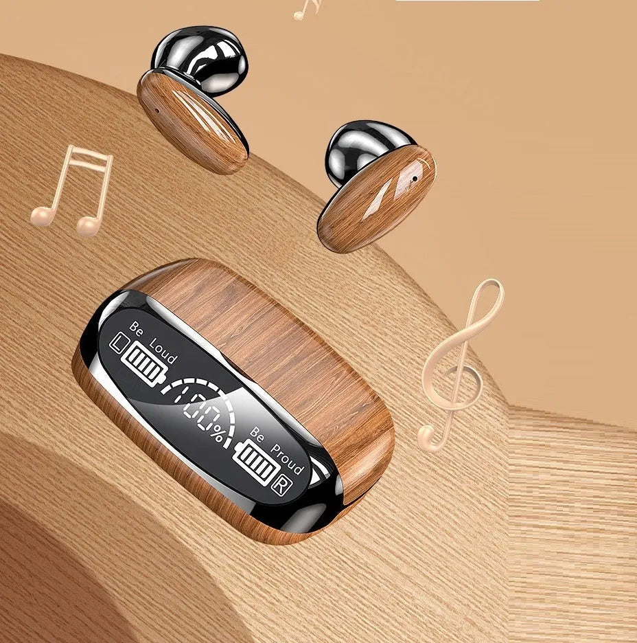 M35 wood grain true wireless Bluetooth earphones with charging case on display.