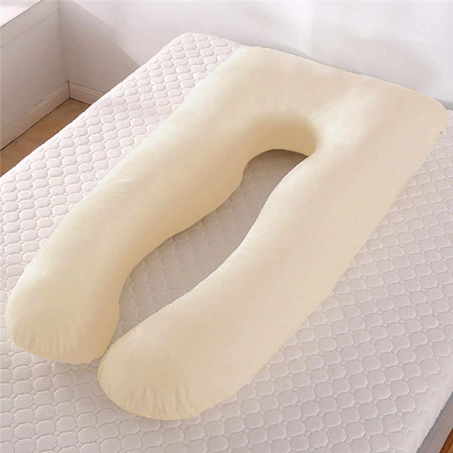 U-shaped pregnancy pillow in light blue with ice silk fabric, showing full 130cm length