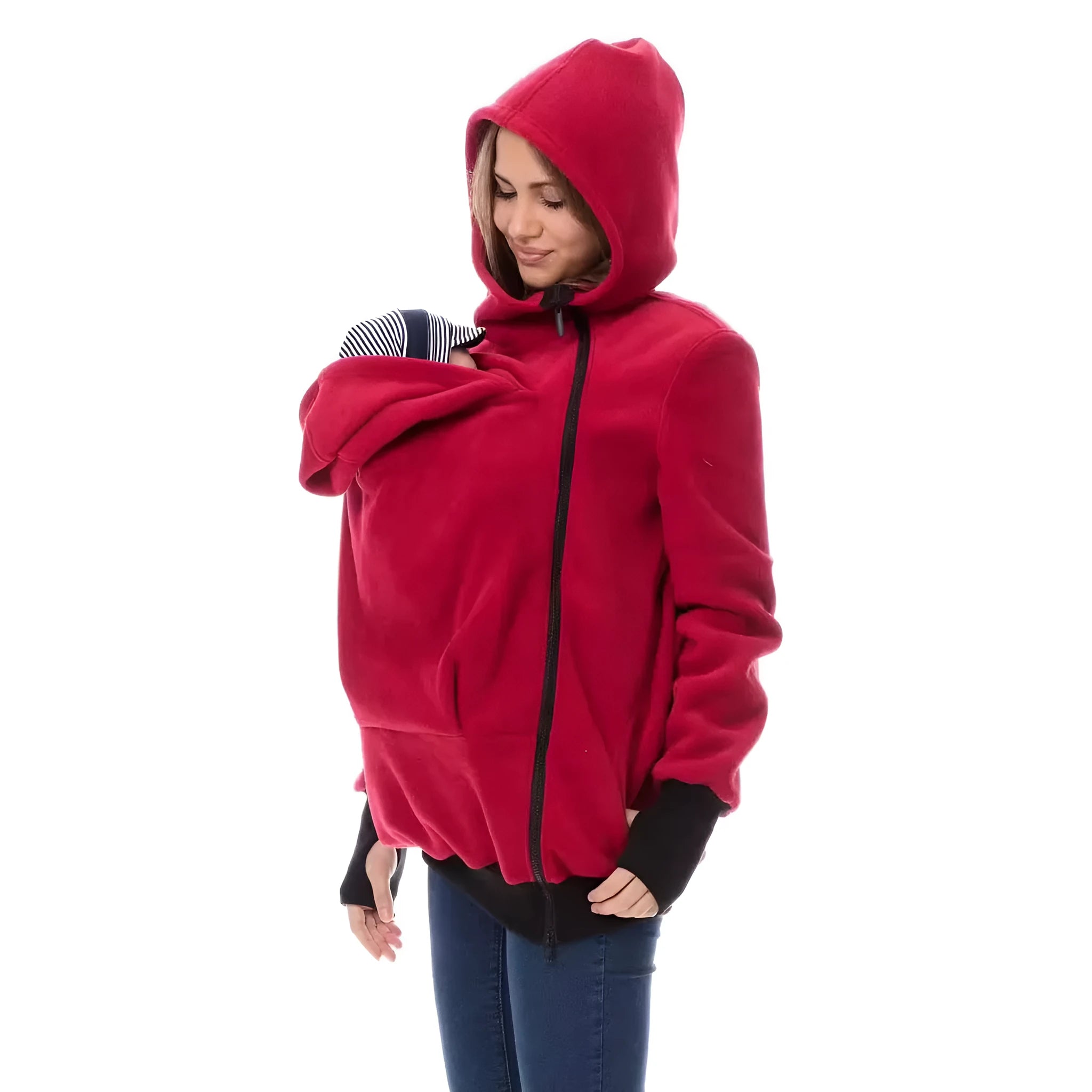 Red women's loose polar fleece sweater with long sleeves for autumn winter wear