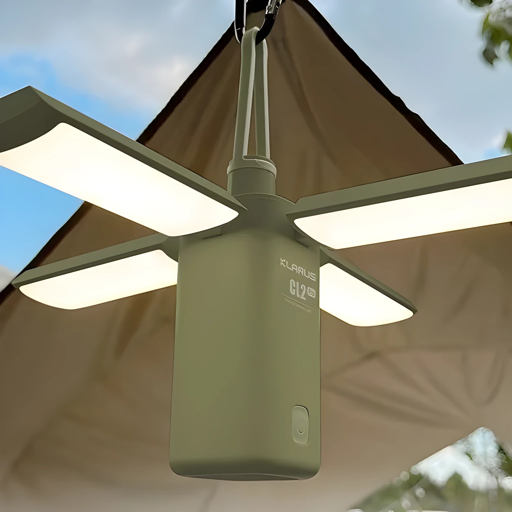 Green and white rechargeable campsite LED lamp with charging cable for outdoor camping use