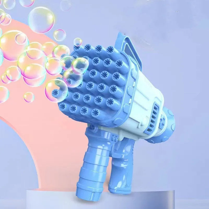 Electric bubble gun with 32-hole bazooka tip in cherry powder pink colour, illuminated version for children's outdoor play