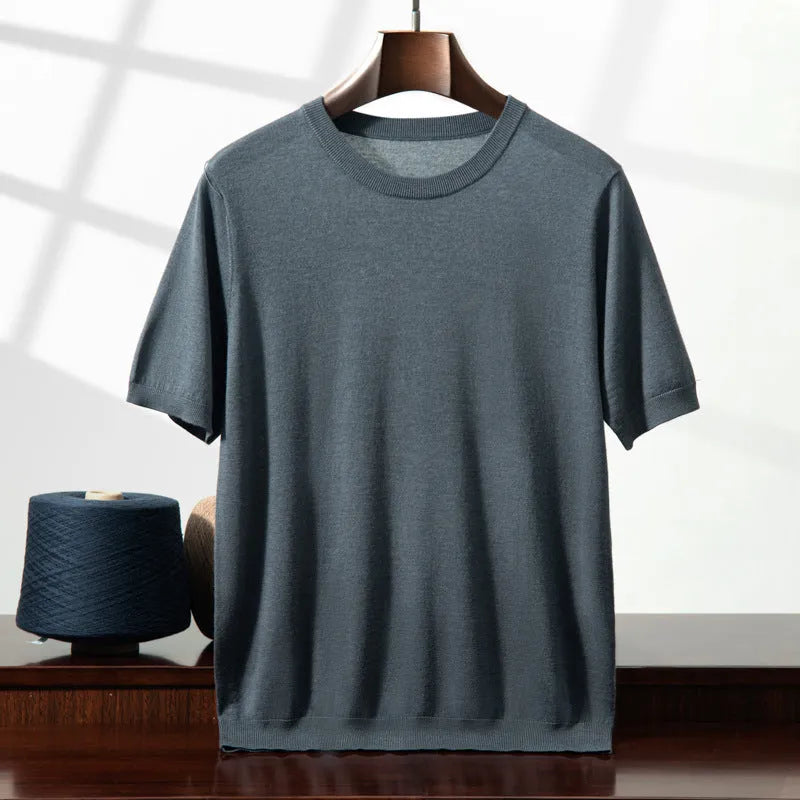 Men's thin knitted wool short sleeve casual shirt in loose fit design