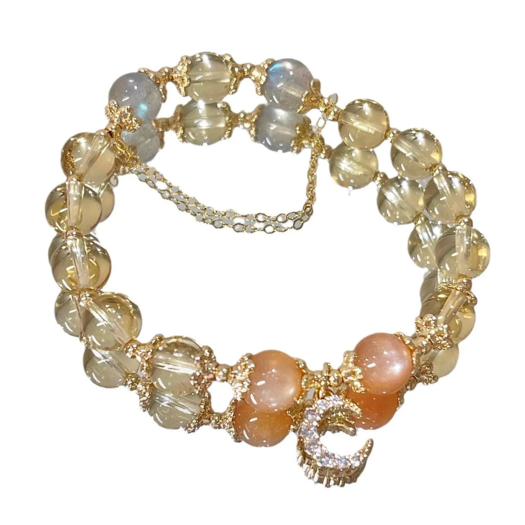 Chinese-style crystal bracelet with moonstone design and 14K gilded electroplating