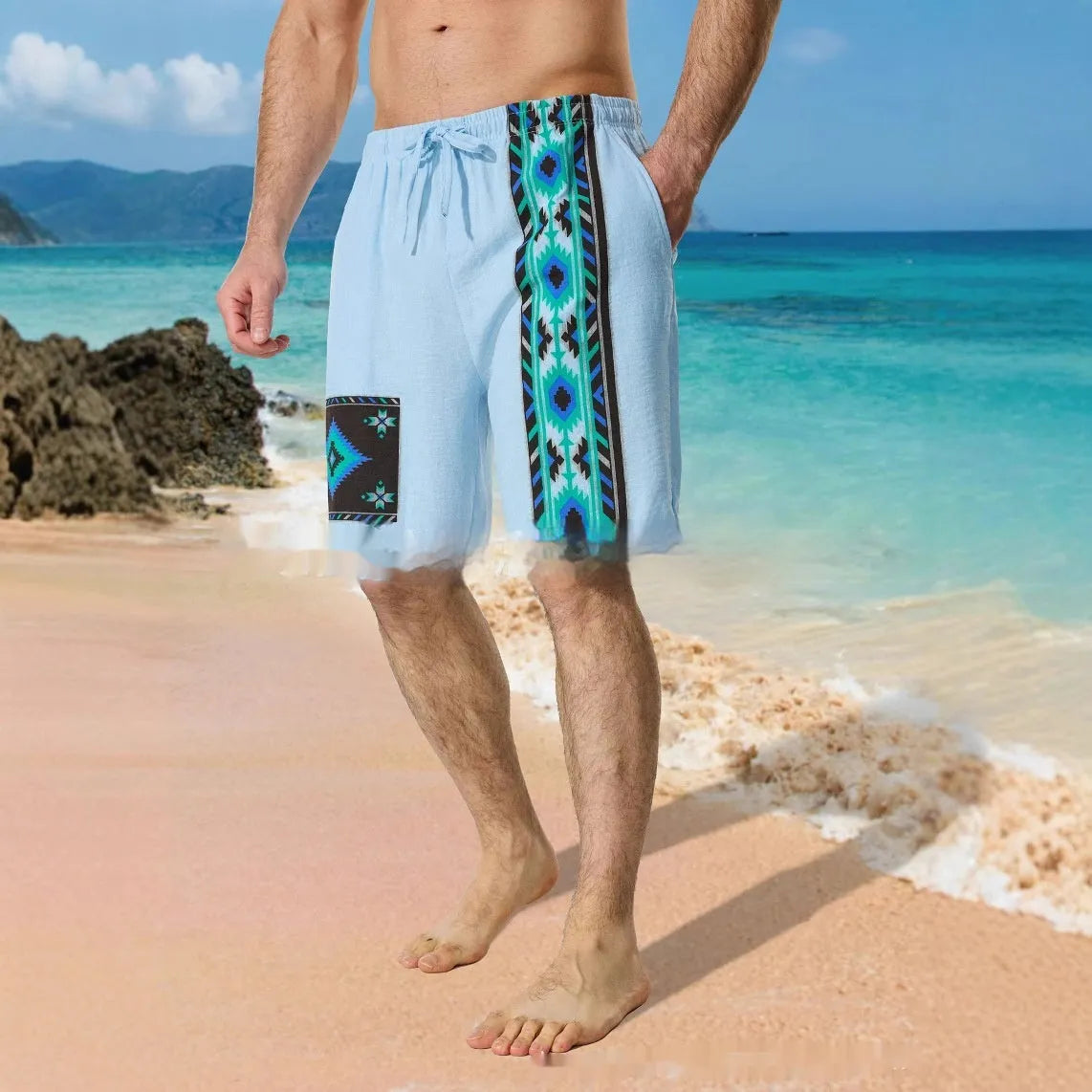 Men's blue colour block digital print casual shorts with loose fit and drawstring waist.