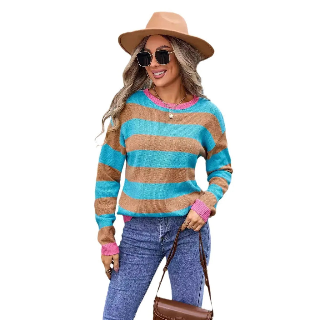 Women's loose-fit long sleeve acrylic sweater with round neck in striped or plaid pattern