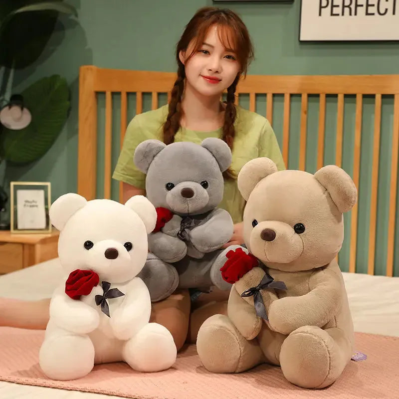 Rose bear plush pillow toy in beige, brown or grey with 23cm to 45cm height options