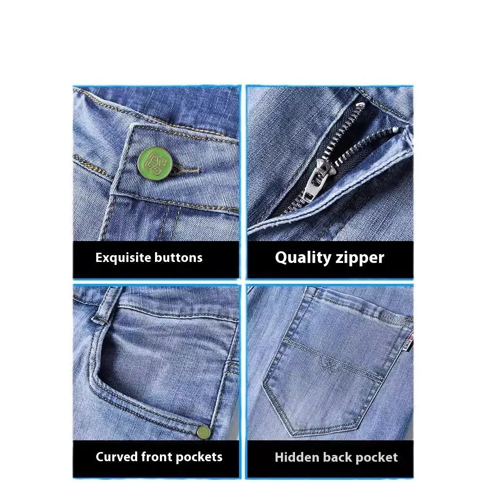 Men's tapered business casual trousers in thin stretch denim cotton fabric