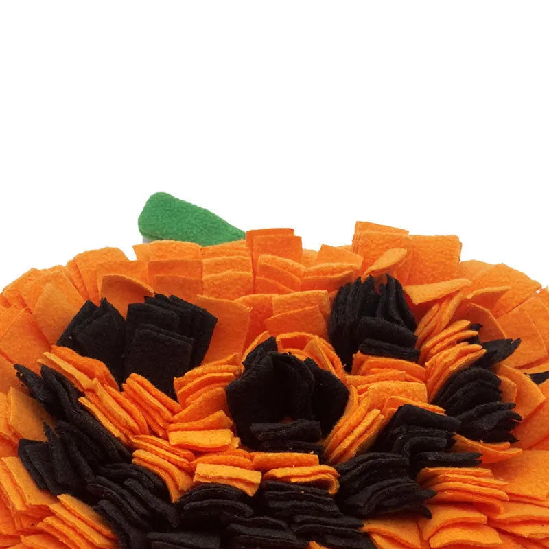 Orange pumpkin-shaped dog sniffing mat with fur fabric surface for slow feeding and food training