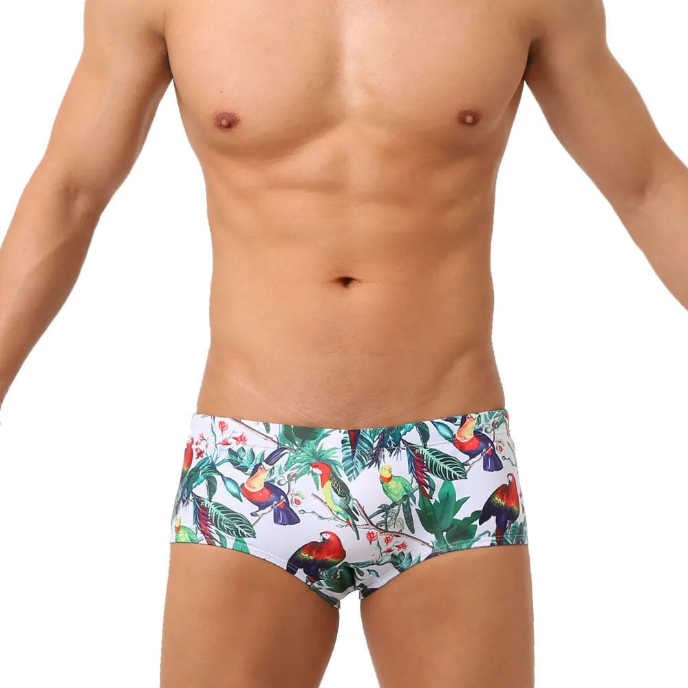 Men's swimming trunks with flower-bird print pattern in nylon small boxer style