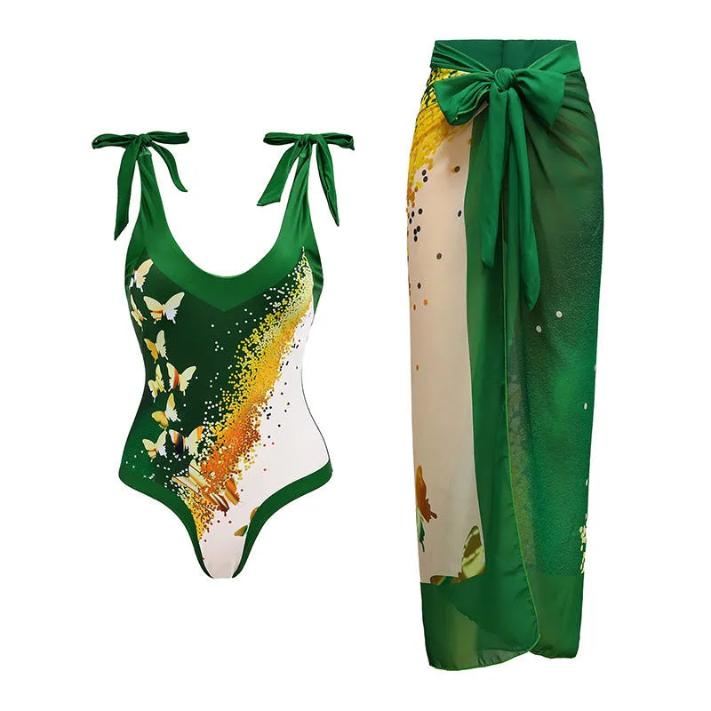 Women's spaghetti straps one-piece swimsuit with skirt in solid colour, showing adjustable straps and polyester fabric