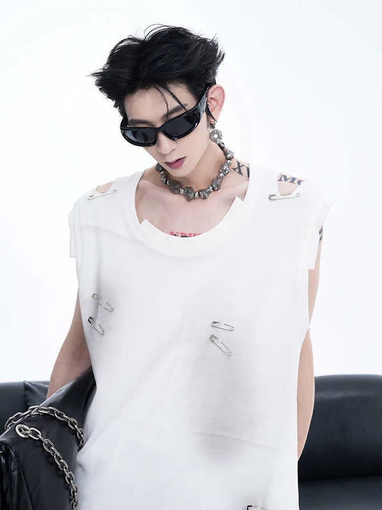 Men's black sleeveless vest with ripped irregular cutting and round neck, made from cotton-polyester-spandex blend