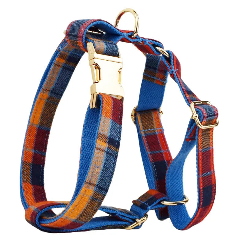 Dog accessory four-piece set showing collar, leash, vest, and bow tie in cloth fabric