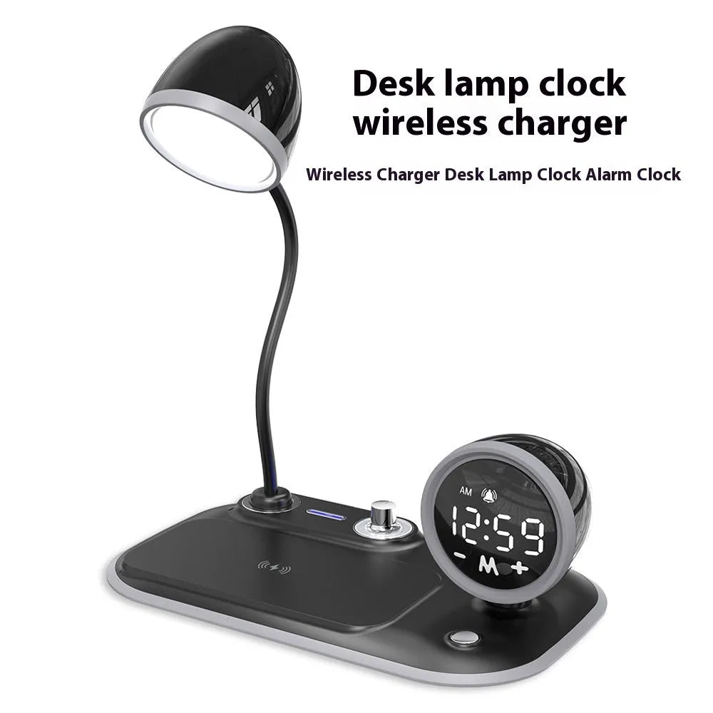 White three-in-one desk lamp with digital clock display and wireless charging pad for smartphones