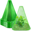 Reusable square plastic plant cover with ground stake for seedlings, shown in green or white bell jar style