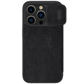 Imitation leather flip phone case for iPhone 15 and iPhone 14 Pro Max in black, brown, or red.