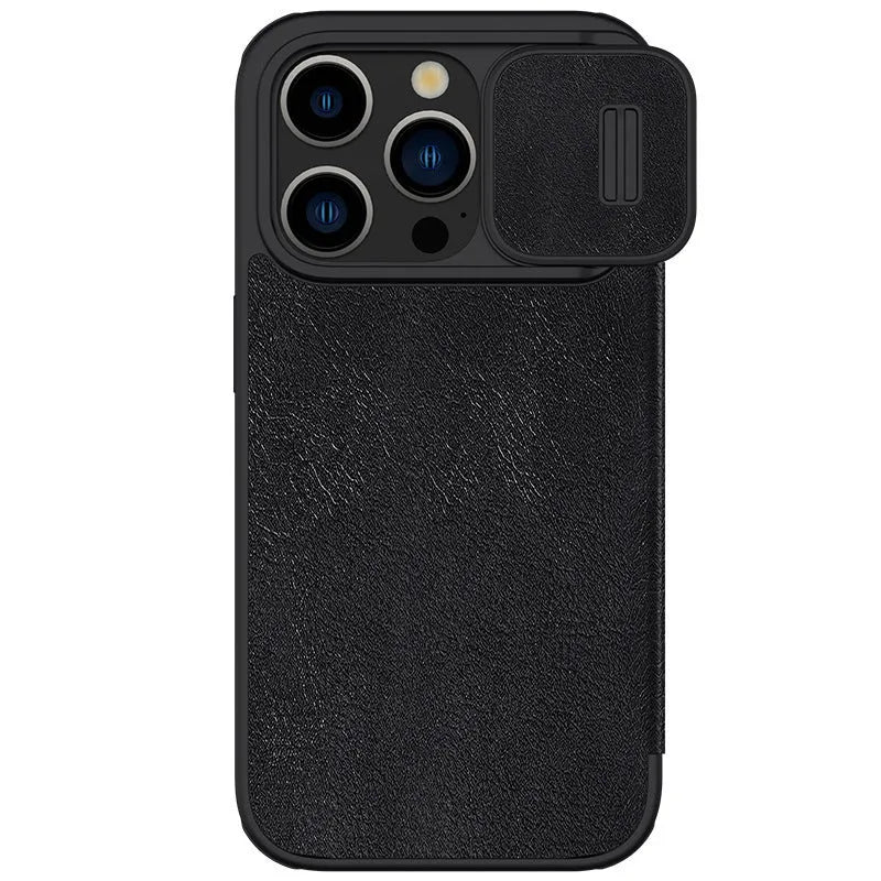 Imitation leather flip phone case for iPhone 15 and iPhone 14 Pro Max in black, brown, or red.