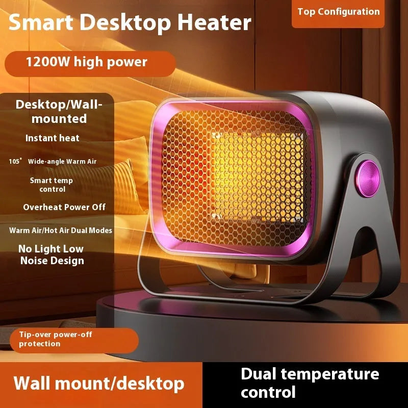 White PTC ceramic desktop heater with adjustable power settings and rotatable design on wooden desk