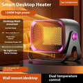 Compact desktop heater measuring 21x11.5x16.5cm with PTC ceramic heating and adjustable 1000W-1500W power