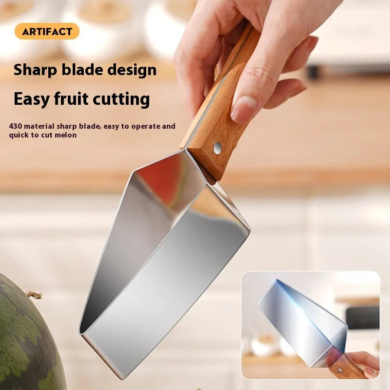 A stainless steel watermelon splitter with triangular blades and a red protective cover on a kitchen worktop.