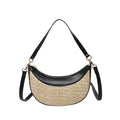 Hard straw women's crossbody dumpling bag in black with contrast stitching and internal organisation pockets.