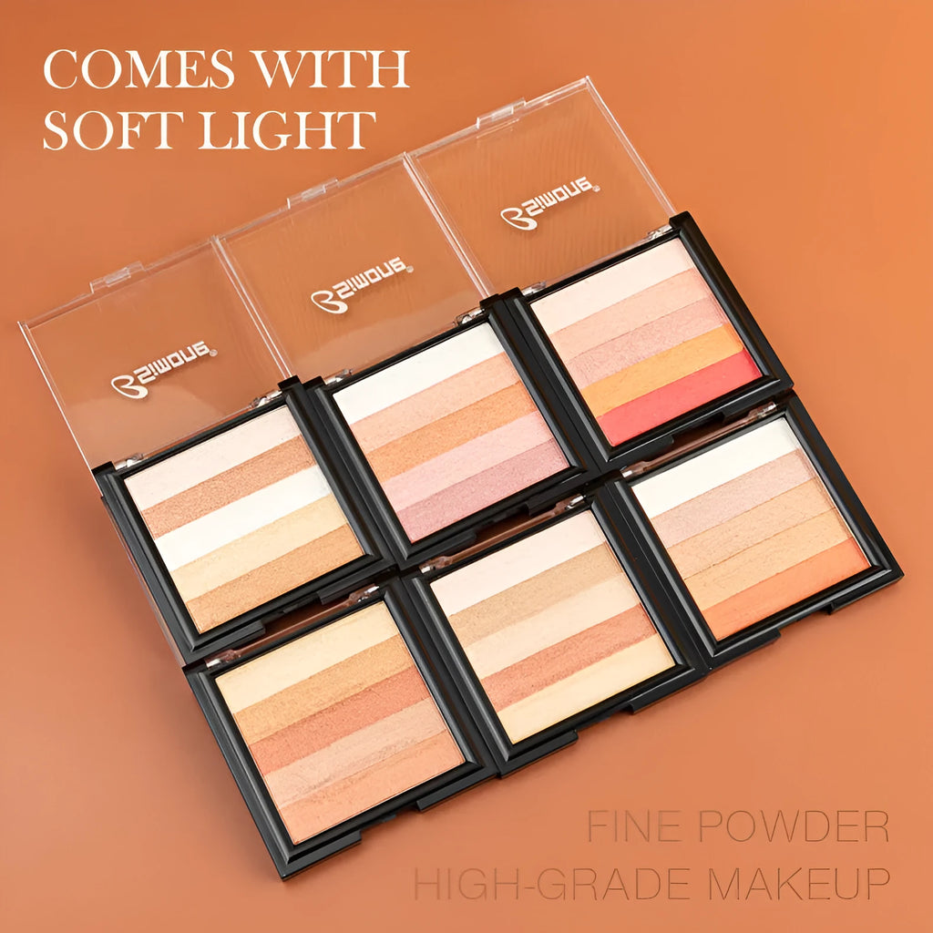 A compact highlighting eye shadow palette with six colour pans for contouring and brightening makeup.