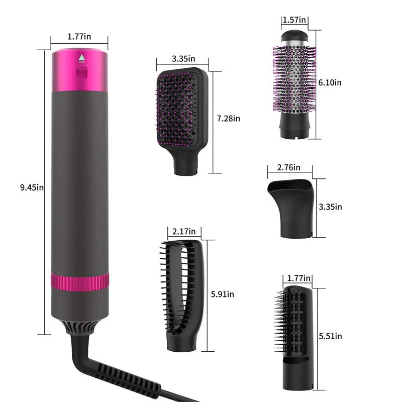 Dyson grey 5-in-1 hot air hair dryer brush with multiple brush attachments on a white background.