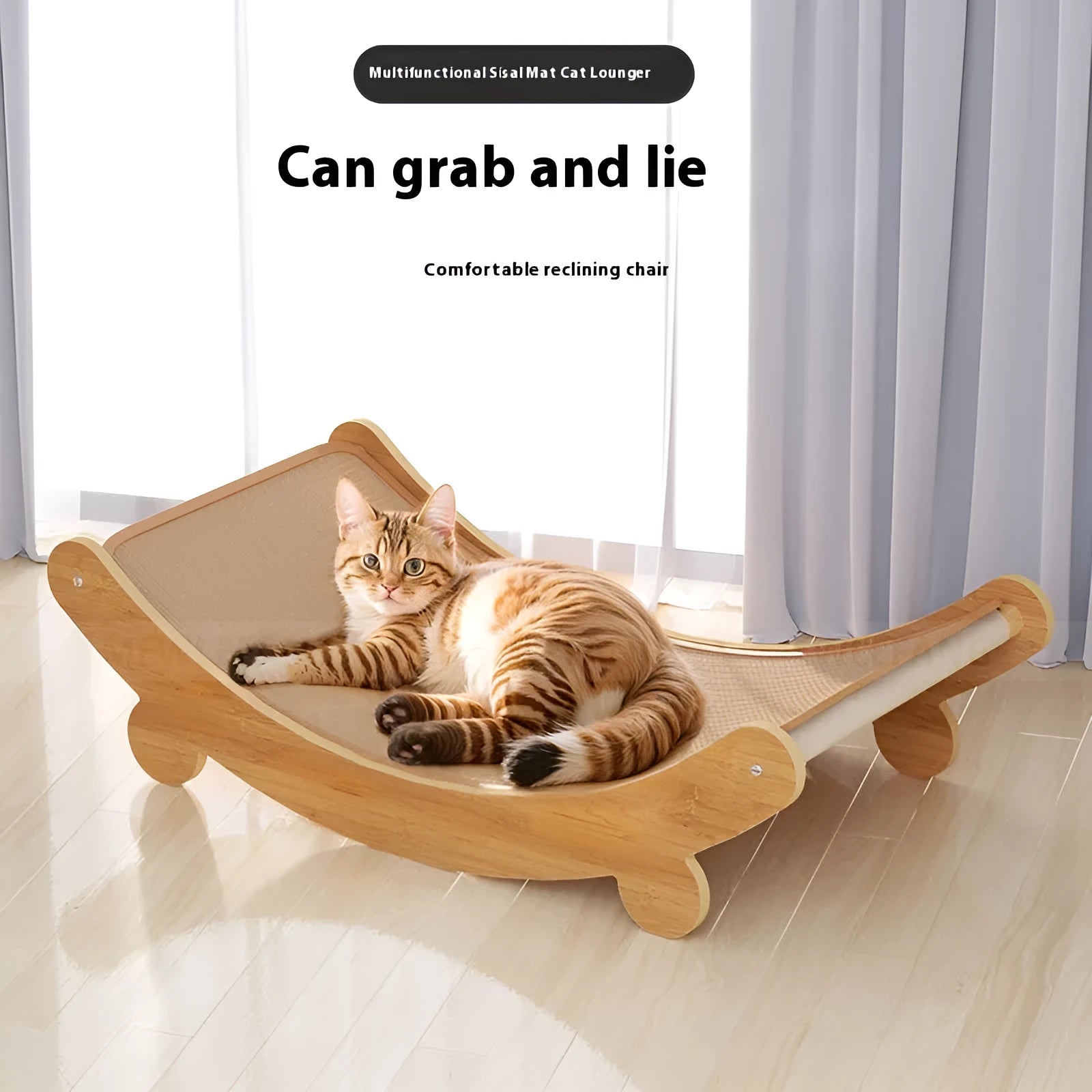 U-shaped sisal cat scratching board lounge chair in natural colour with cloth frame.