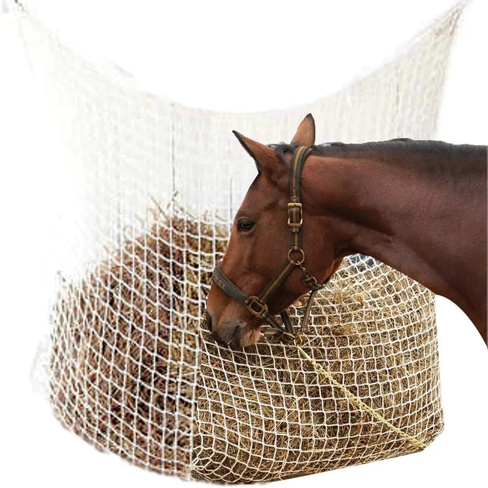 Black woven polyethylene rope horse feeding bag with grid pattern, hanging demonstration showing 120x90cm size