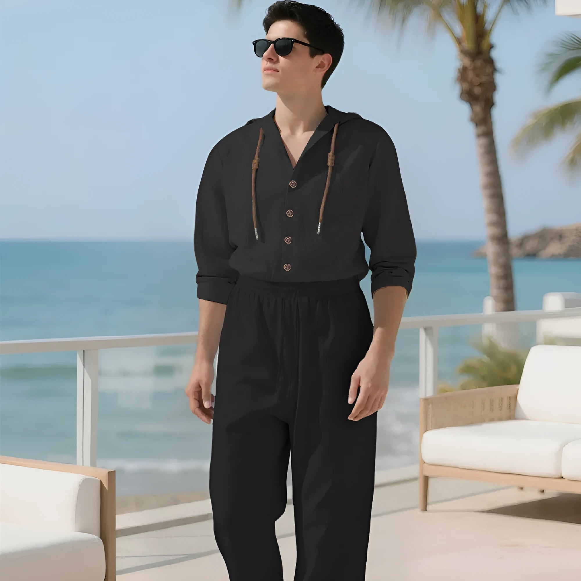 Men's casual cotton sports leisure suit in a long sleeve top and trousers, shown in a neutral colour.