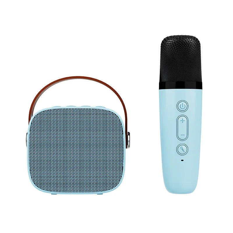 Compact white, pink, or blue portable Bluetooth speaker with USB charging cable.