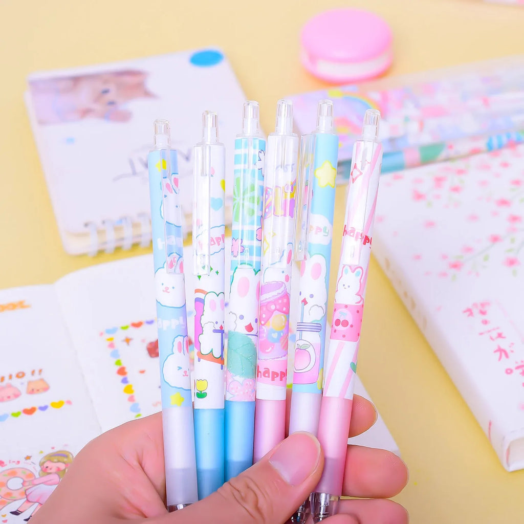 Six black ink signature pens with 0.5mm tips and cartoon bunny designs