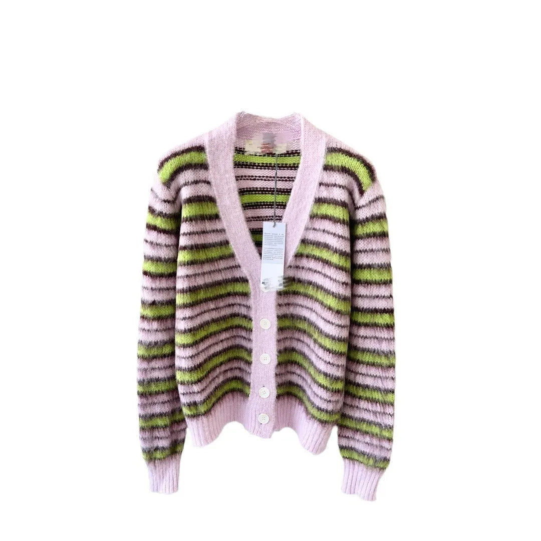 Pink haima wool knitted lazy coat cardigan and matching pullover with contrast colour detailing.