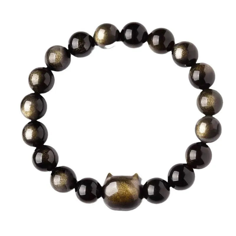 Obsidian cat head bracelet in gold or silver style with round polished stone beads