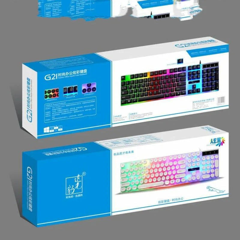 White plastic waterproof gaming keyboard with 104 keys and RGB backlighting on a desk.