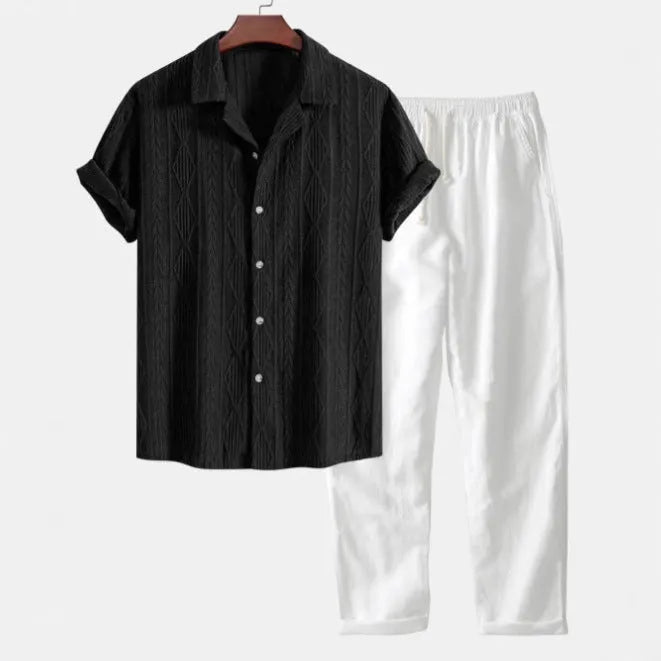 Camouflage print short-sleeved shirt and trousers suit with cardigan lapel, slim fit, and thin linen fabric for leisure wear