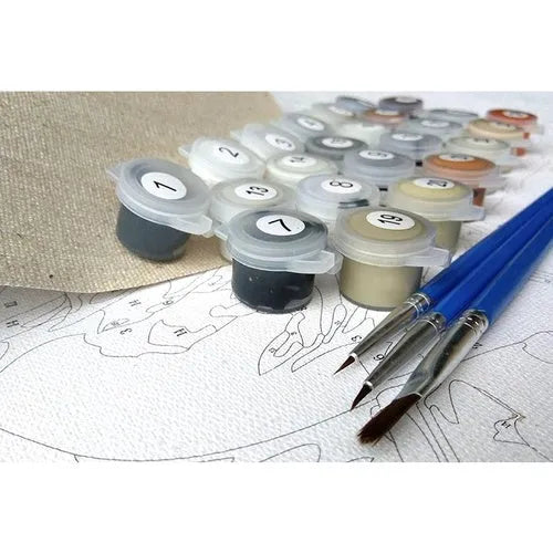 Scared or Surprised cat design paint by numbers kit with acrylic paints, brushes, and canvas
