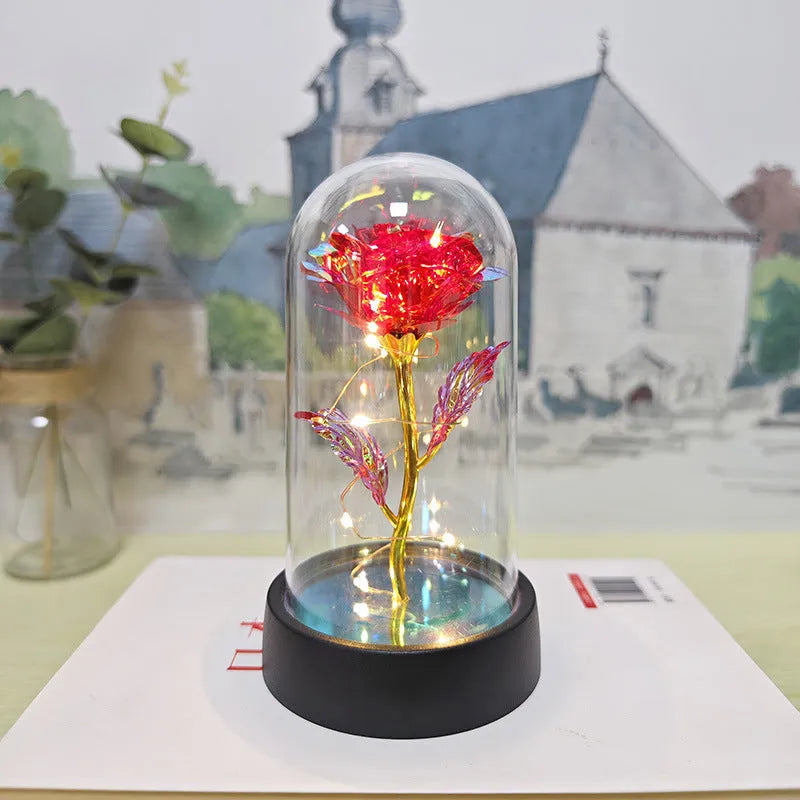 Glass cover small night lamp with plastic flowers, 15cm height, available in 16 colour options