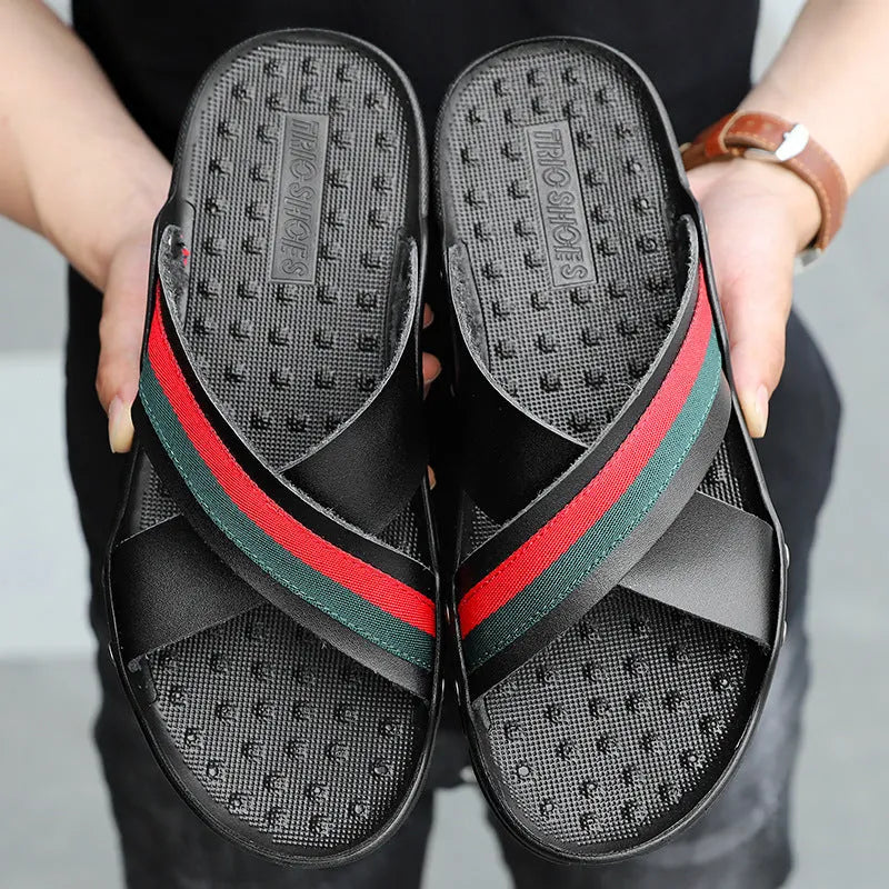 Men's cowhide flip-flops with non-slip PU soles in white, blue, and black colours, sizes 38-48.