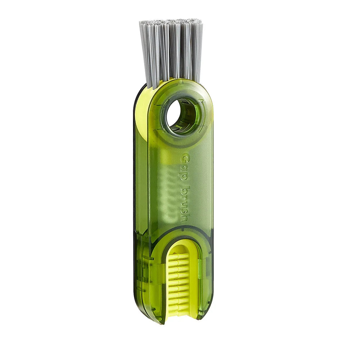 3-in-1 tiny bottle cup cover brush straw cleaner tool in transparent green, showing spiral brush and bevel corner design