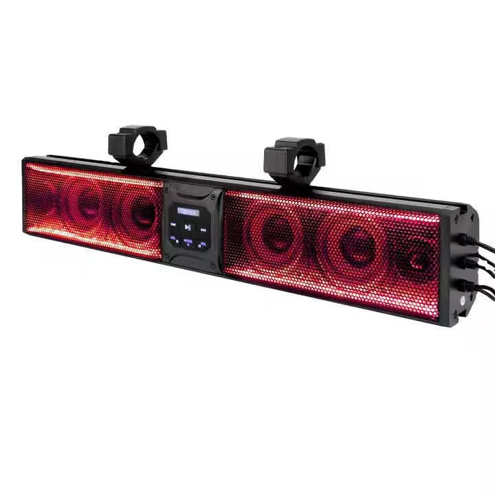 Personalized Beach Car Strip Bluetooth Audio System for golf carts and ATV vehicles showing speaker grilles and connectivity ports