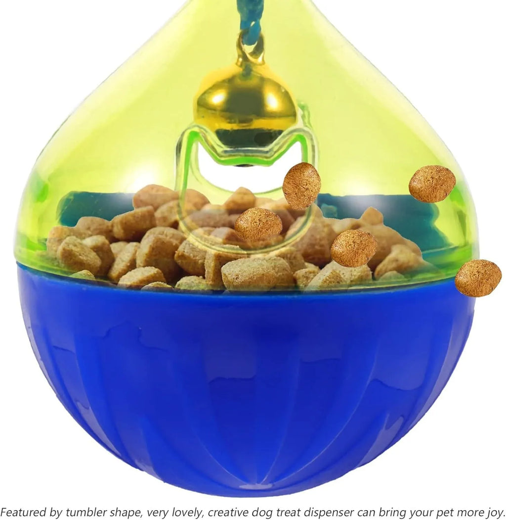 Tumbler-shaped pet treat dispenser ball for dogs and cats measuring 14x10x10cm